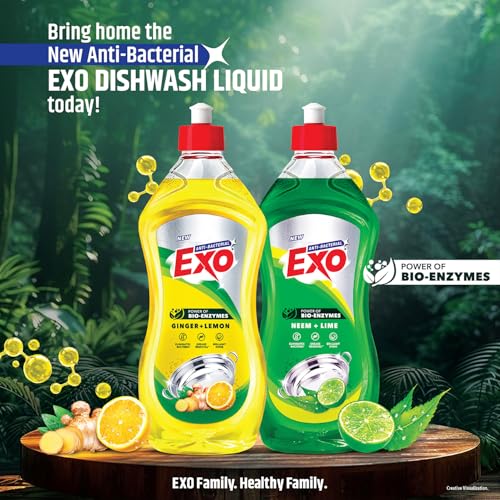 Image of Exo Dishwash Liquid Bottle | Ginger & Lemon | Tough Grease Removal for Utensils | Anti-Bacterial Dishwashing Liquid | Bio-Enzyme Liquid Dishwash | No Residue Cleaning | Fresh Citrus Fragrance - 750ml