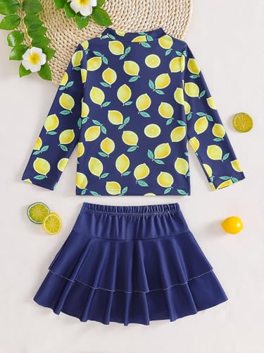 Image of Girls Rash Guard Swimsuit Set UPF 50+ Long Sleeve Two Piece Swimwear Half Zip with Skirt Bottom for Kids 3-10Y