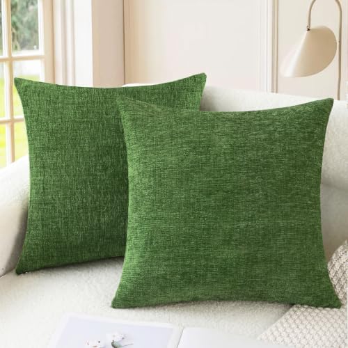 Image of CaliTime Pack of 2 Cozy Throw Pillow Covers Cases for Couch Sofa Home Decoration Solid Dyed Soft Chenille 22 X 22 Inches Forest Green