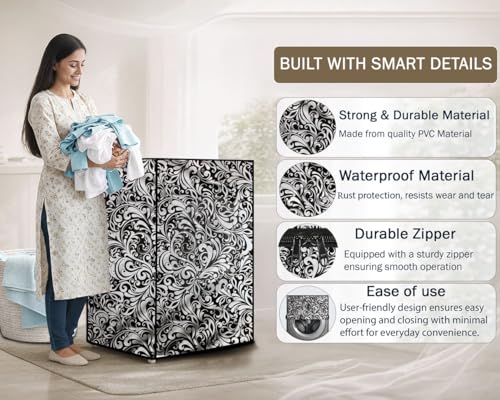 Image of Stylista Washing Machine Cover Compatible for Bosch 8 kg Front Load WAT24463IN Floral Pattern Black