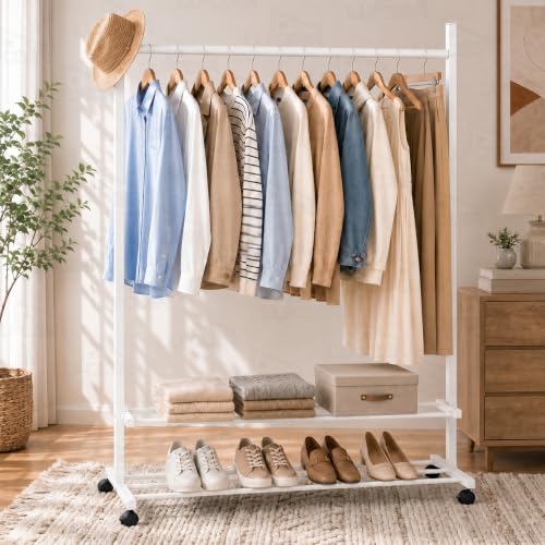 Image of Lukzer Single Rod Metal Garment Rack with Wheels & 2 Bottom Shelves, Portable Clothes Stand /Coat Hanger Rack with Shoe Storage for Bedroom, Entryway & Open Wardrobe (White /109x34x162 cm)