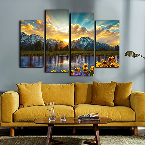 Mountain Canvas Wall Art Sunflower Scenery Wall Decor 4 Pcs, Sunrise Grand Teton Nature Landscape Pictures Art 48 X 32" National Park Painting Artwork For Living Room Bedroom Kitchen Home Decoration #TOP3