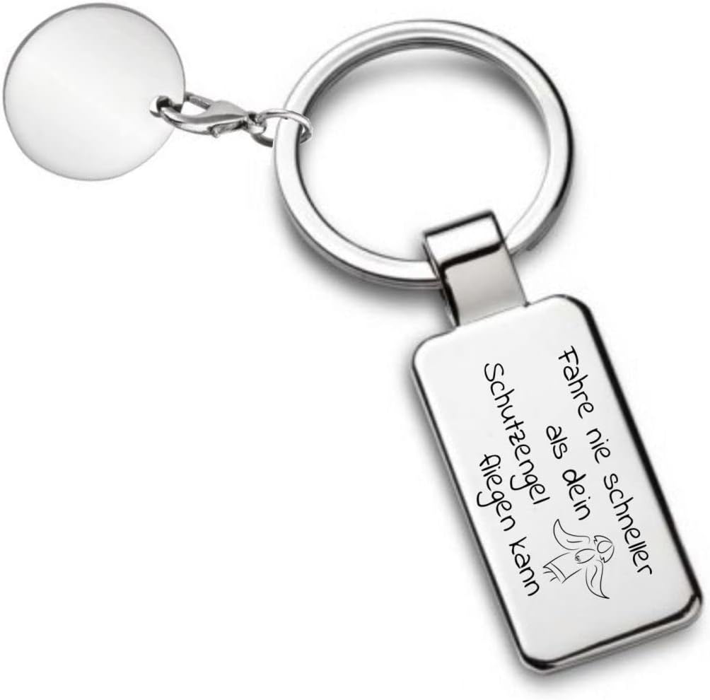 Key Fob with Engraving – "Fahre nie schneller ALS Dein Schutzengel fliegen kann" [German Language Engraving] – Chrome-Plated 7288