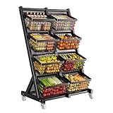 Store snack display rack, Fruit and vegetable rack floor-standing, multi-layer cart with Wheels, multifunctional household vegetable storage rack, Kitchen Organizers with Storage Baskets(Black,73*40*1