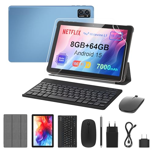 AWOW Tablet 10 Zoll mit Tastatur: Android 15 7000mAh Octa-Core 8GB+64GB 1TB TF Tablet PC - WiFi 6 2.4G/5G Bluetooth 5.0 1280 * 800 FHD Dual Kamera mit Maus, Typ C, Adapter, Hülle, OTG-Adapter, Stift