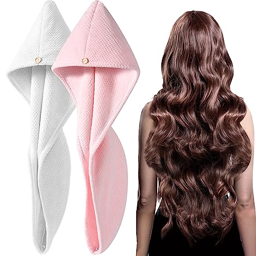 Image of YFONG 2 Pack Microfiber Hair Towel Wrap for Women, Super Absorbent Quick Dry Hair Turban for All Hair Style Anti Frizz, Large Hair Drying Towel with Button