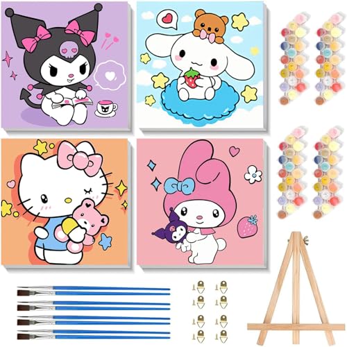 Sretoul 4 Pack Cartoon Paint by Numbers Kit for Kids with Frame - Wooden Easel Cute Kids Paint by Numbers Ages 4 8 12 DIY Acrylic Oil Painting for Home Wall Decor (8x8 inch)