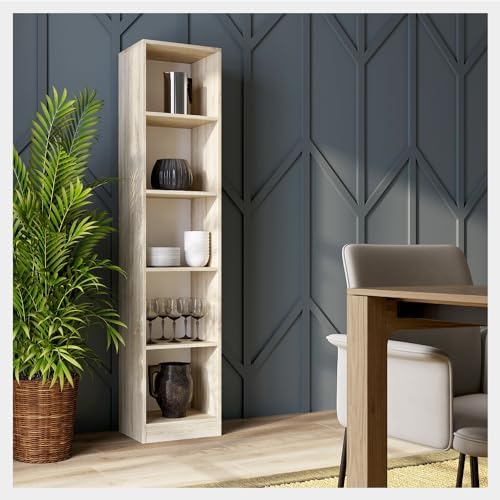 WHATSIZE ENTERPRISE 5 Tier Bookcase Sonoma, Tall Freestanding Book Shelf for Living Room, Study and Bedroom, Wooden Shelving Unit Book Case (40cm L x 30cm W x 182cm H)