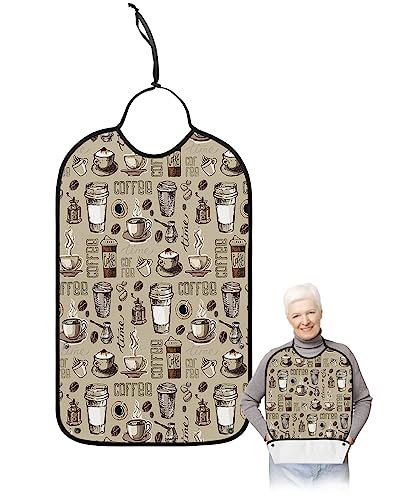 Coffee Adult Bib for Eating with Crumb Catcher,Washable & Waterproof Terry Cloth Adjustable Elderly Women Men Adult Bibs Funny Apron Clothing Protector Abstract Vintage Esppresso Beans Cups Drink