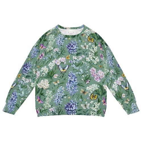 JUNZAN Spring Flowers Butterflies Sage Green Little Boys Sweatshirts Hoodies Long Sleeve Sweatshirt With Hoodie Sports 4T