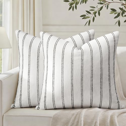 HOMEIDEAS Decorative Black and White Throw Pillow Covers 20x20 Set of 2 Striped Textured Farmhouse Pillow Covers Soft Chenille Cushion Covers for Couch Sofa Bed Home Decor