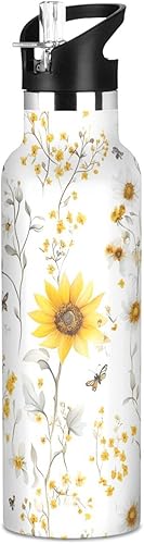 Miniatura 22 de Botella de agua aislada con pajilla, doble pared aislada al vacío, ligera para deportes, viajes y escuela, color amarillo lavanda único