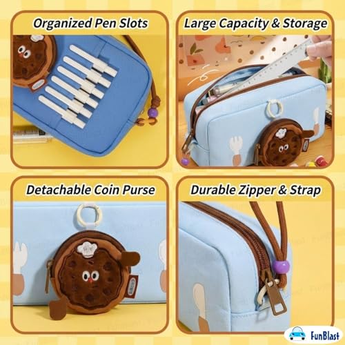 Image of FunBlast Pencil Pouch for Girls - Cartoon Pouch with Hanging Strap & Coin Pouch, Multipurpose Zipper Case, Aesthetic Pouches for Girl, Kawaii Pencil Case, Cute Pouches for Girls (SkyBlue)