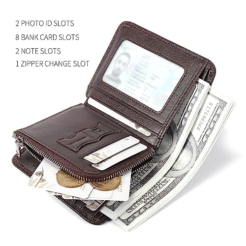 mens zipper leather rfid blocking wallet with 8 card slots 2 photo bits/ID bits 2 inside slots 2 SIM/SD card bits 2 Cash Compartments 1 Zipper change slot (Coffee)4