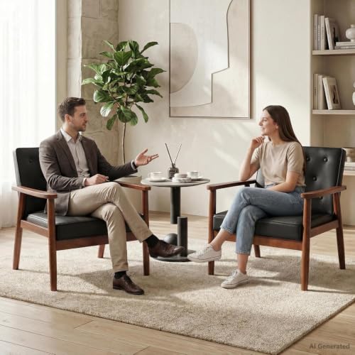 Image of Black Accent Chairs Set of 2, Faux Leather Chairs with Solid Wood Armrest | JIASTING, Mid-Century Modern, Tufted Backrest, Living Room, Waiting Room, Office