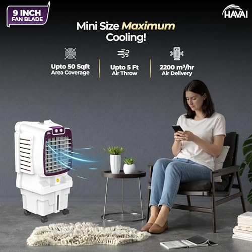 Image of HAVAI Arizona 9 Mini Personal Air Cooler | India's First 9-Inch Blade Cooler | 2600 RPM | 5 Ft Air Throw | 3-Side Honeycomb | 12L Tank | Motorised Louvers | 80W | Ideal for 50 Sq Ft