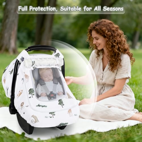 Image of Winter Car Seat Cover Baby with Sunshade & Dual Zipper Windows - Minky Bubble Lined Windproof Soft Shell, Warm Newborn Car Seat Canopy Covers, Elastic Bottom for Stroller & Infant Car Seat, Animal