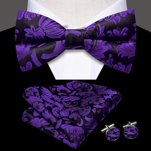 Image of Dubulle Mens Paisley Striped Bowtie Set Pre-tied Bowtie for Men and Pocket Square Set Wedding Business