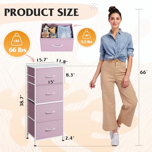 Image of WLIVE Dresser with 4 Drawers, Storage Tower, Organizer Unit, Fabric Dresser for Bedroom, Hallway, Entryway, Closets, Sturdy Steel Frame, Wood Top, Easy Pull Handle,A-Pink