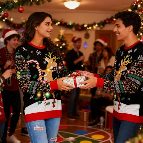 Fanient Women LED Light Up Ugly Christmas Sweater Snowflake Reindeer Xmas Sweater Built-in Light Bulbs Knitted Pullover - Image 6