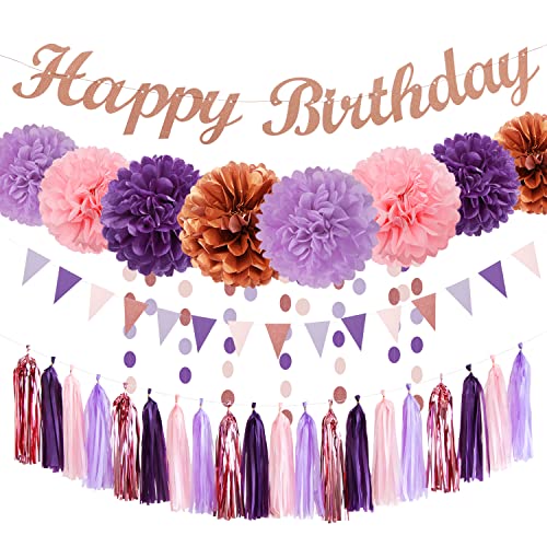 Rose-Gold Pink-Purple Birthday Party Decorations - 31pcs Tissue Pom Poms Streamers,Baby Shower Decorations Girl Women Tassel Garland,25th 30th 40th 50th Happy Birthday Banner Decor Panduola