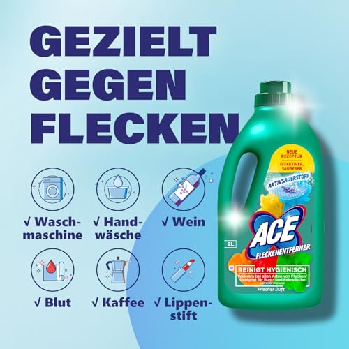 ACE Fleckenentferner und Farbschutz - Waschmittel flüssig und Fleckenentferner, Flüssigwaschmittel für die Wäschepflege, für Buntwäsche und Feinwäsche inklusive Hygienespüler Wäsche - 2 Liter – Bild 7