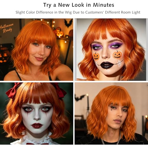 Image of Rose bud Wavy Bob Wig with Bangs Natural Orange Wig Synthetic Hair Shoulder Length Short Curly Wigs for Women