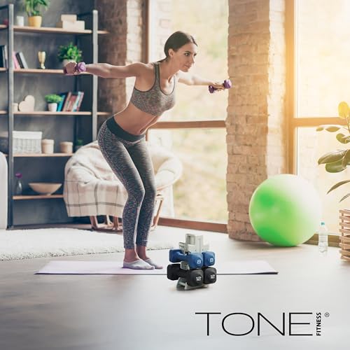 Image of Tone Fitness Neoprene Dumbbell Set with Storage Rack - Non-Slip, Anti-Roll Hand Weights for Home Gym Workouts | 20 lb, 32 lb, 50 lb, 60 lb & 100 lb Options