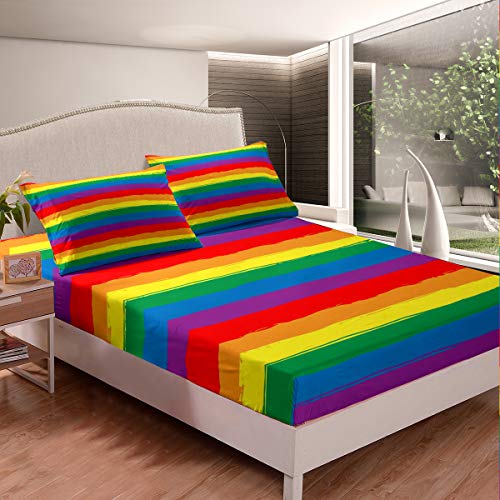 Erosebridal Kids Rainbow Bedding Set Girls Colorful Stripe Fitted Sheet Modern Watercolor Sheet Set Set for Teens Adult,Soft Cozy Bedding Set Gift Collection (1 Fitted Sheet 1 Pillowcase) Tw