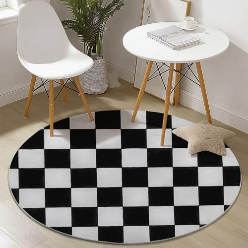 Alfombra Redonda Antideslizante 90 cm, Moderno Geométrico Cuadros Tema Alfombra Redonda para Dormitorio Habitación De Los Niños, Lavable Franela Alfombras Decorativa Negro Blanco