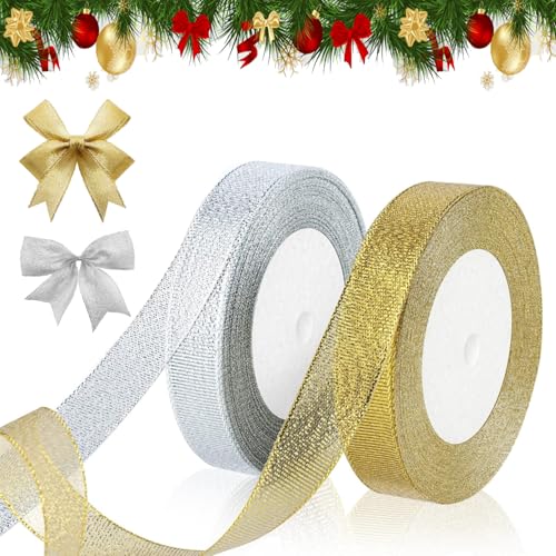 2 Pack Cinta de Organza,44M×2cm Cinta de Satén de Organza,Dorada y Plateada para Regalo Decoración Navidad Boda Manualidades, Vacaciones,Decoracion del Hogar (Dorada y Plateada)