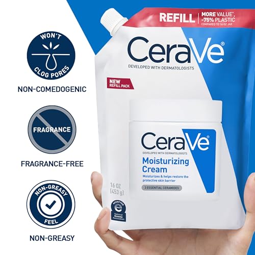 Image of CeraVe Moisturizing Cream, Body and Face Moisturizer for Dry Skin, Body Cream with Hyaluronic Acid and Ceramides, Daily Moisturizer, Oil-Free, Fragrance Free, Non-Comedogenic, 16 Ounce Refill