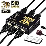 HDMI Switch 4K UHD, 5 Puertos 5x1 AV Video Switcher 5 en 1 Salida HDMI Selector automáticamente, Soporte HDCP 3D 1080p, resolución: hasta 4k para HD DVD, Sky-STB, PS3, XBOX360, HDTV, Monitor
