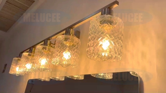 Image of MELUCEE 2 Lights Indoor Wall Sconces Black Finish, Contemporary Bathroom Vanity Lighting Fixtures with Hammered Glass Shade, Modern Wall Mounted Lamp Above Mirror Sink Cabinet