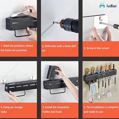 Image of FunBlast Wall Mounted Shelf for Kitchen Utensils Rack with Towel Hanger, Spatula Ladle Hanging Hooks, Cutlery Holder, Floating Shelf for Kitchen Utensils - 60 x 7 x 6 cm