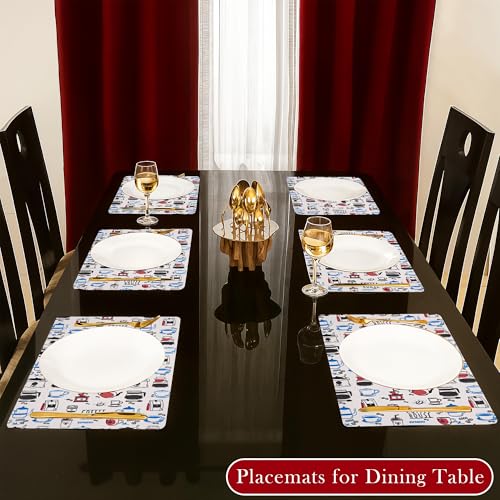 Image of Kuber Industries PVC Anti Slip Table Mats Set of 6 | Waterproof Dining Table Mat for Party, Wedding and Family Functions | Coffee House Print - White & Blue
