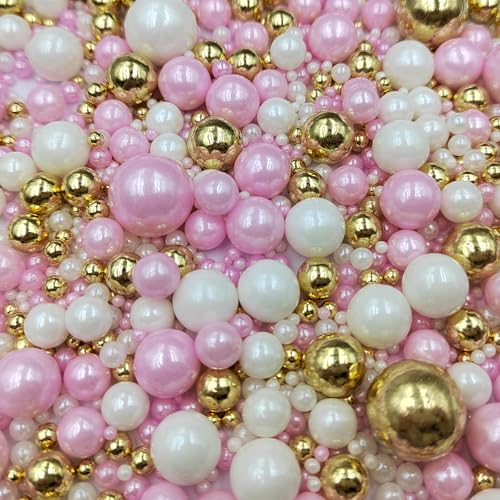 Image of Edible White Pink Gold Sugar Pearls Candy Sprinkles 120G / 4.23Ounce Baking Cake Sprinkles Cupcake and Cake Topper Cookie Decorations Wedding Party Valentines Halloween Christmas Supplies