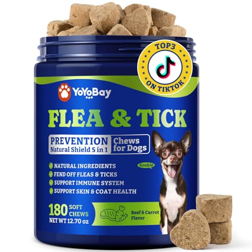 Image of Flea & Tick Prevention for Dogs Chewables,Oral Flea Pills, Dogs Supplement | Natural Dog Flea and Tick Control Treatment, Natural Shield 5-in-1 Protection, Beef & Carrot Flavor, 180 Soft Chews
