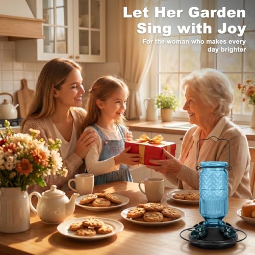 Image of FEED GARDEN Glass Hummingbird Feeder for Outdoors Hanging, 16 OZ Humming Bird Feeders with 4 Bee Guard Feeding Ports & Built-in Ant Moat, Hummingbird Gifts for Mom Bird Feeder for Outside, Blue,2 Pack