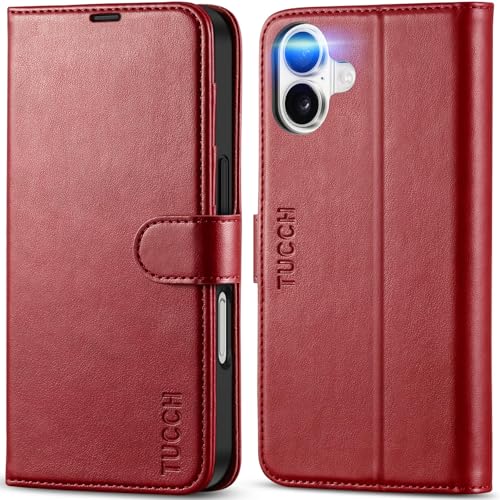 Étui iPhone 16 TUCCH Rouge Foncé - Housse Portefeuille en Cuir avec Blocage RFID
