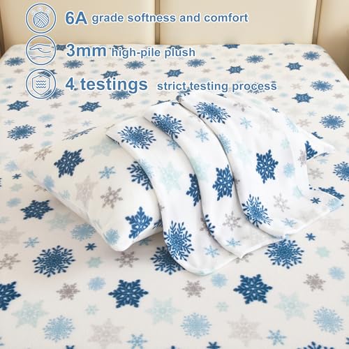 Image of Fleece Sheet Set Full, Soft Plush Bed Sheets, 4-Piece, Snowflake | 100% polar fleece, plush on both sides for winter warmth; low-shedding, pill-resistant, 15-inch pocket, machine washable