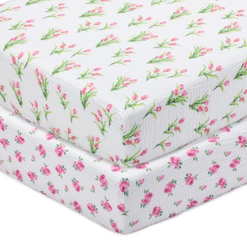 Image of LollyBanks Muslin Crib Sheet, 100% Cotton Fitted Crib Sheets for Girls | 2 Pack, Soft lightweight surface, full elastic hem for snug coverage on 52 x 28 in standard mattresses (Tulip and Rose)