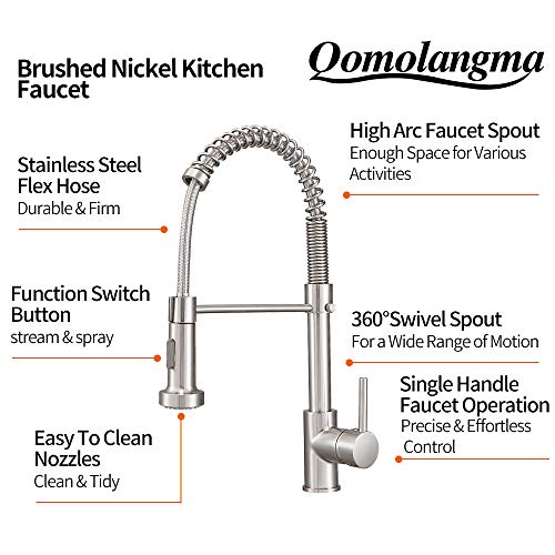 Qomolangma Kitchen Faucet Lead Free High Arc Spring Kitchen Sink Faucet with Pull Down Sprayer, Single Handle Single Lever Pull Out Kitchen Faucet,Brush Nickel