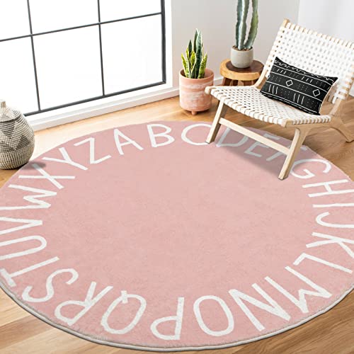 Hebe Cute Pink Abc Kids Play Mat Baby Nursery Rug Round Educational Alphabet Soft Circle Area Rug Non Slip For Children Toddlers Princess Bedroom #TOP1