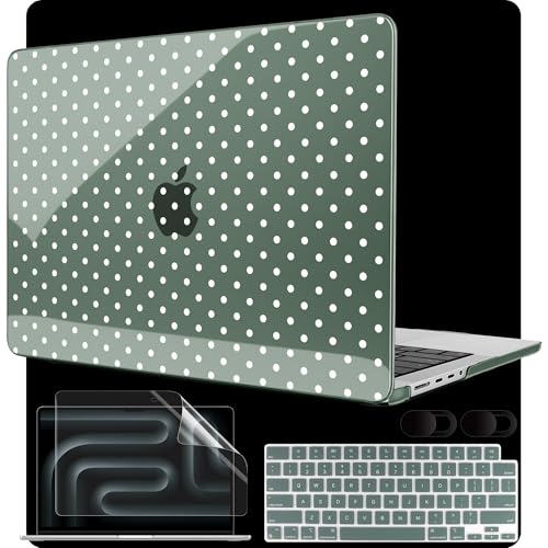 Image of MEEgoodo Case for MacBook Pro 14 inch (M5 /M4 /M3 /M2 /M1) Pro /Max 2026 2025 2024 2023 2021, Case Fit Model A3427 /A3426 /A3434 /A3112 /A3401 /A3185 /A2918 /A2992 /A2779 /A2442, White Polka Dots & Midnight Green