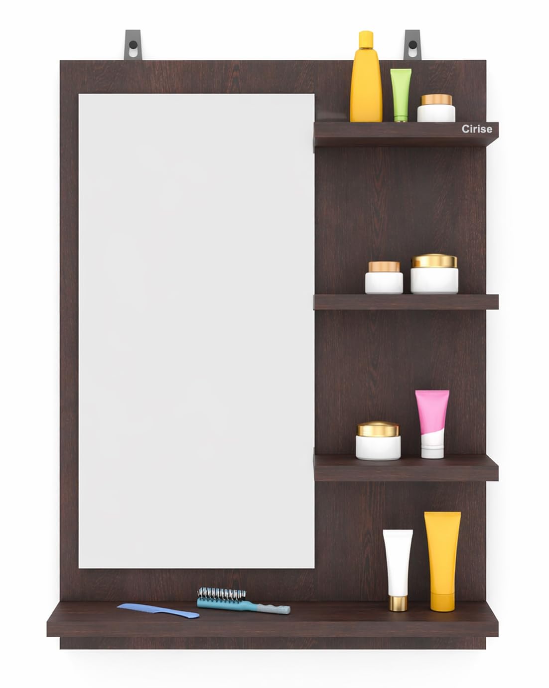Cirise Wall Mounted Wooden Dressing Mirror with Storage Shelves | Rectangular Vanity Mirror for Bedroom, Bathroom | Makeup Organizer Shelf with Multi-Tier Rack | Modern Home Decor Cabinet (Wenge)-image-22