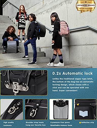Baobab's wish Ransel Randoseru Backpack Semi-automatic satchel Japanese school bag for girls and boys PU leather bab-rng28 (Blue)3