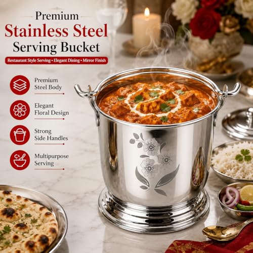 Image of Ajay's Shoppe 300 ml Stainless Steel Serving Bucket (8.5 cm Dia, 9.5 cm Height) | Mini Dal Raita Bowl, Restaurant Style Serving Dish | Mirror Finish