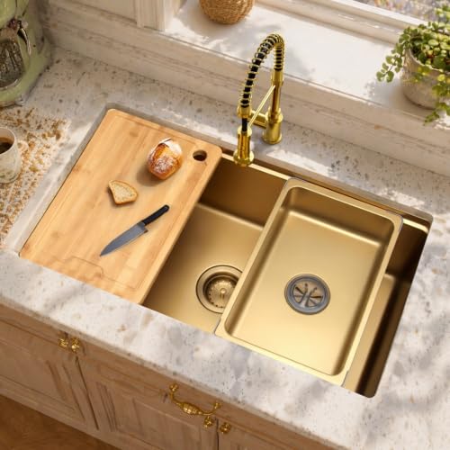 MILOSEN 32 Inch Gold Undermount Kitchen Sink 32 x 18 Gold Workstation Sinks Stainless Steel Single Bowl Sink with Custom Accessories Modern Under Counter Design 9 Large and Deep Kitchen Sinks