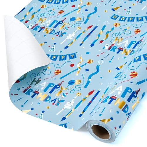 WERNNSAI Happy Birthday Geschenkpapier – 1 Rolle 43 cm x 10 m Blaue Metallicfolie Geburtstagsgeschenkrolle Geburtstag Aluminisierte Folie Packpapier